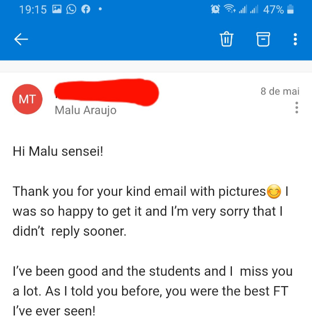 Screenshot showing feedback from Malu's classes. Text contains praise with the statement: As I've told you before, you were the best Foreign Teacher I've ever seen!