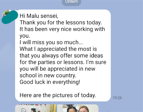 Screenshot showing praise for Malu's classes. Text contains: "What I appreciated the most is that you always offer some ideas for the parties or lessons."