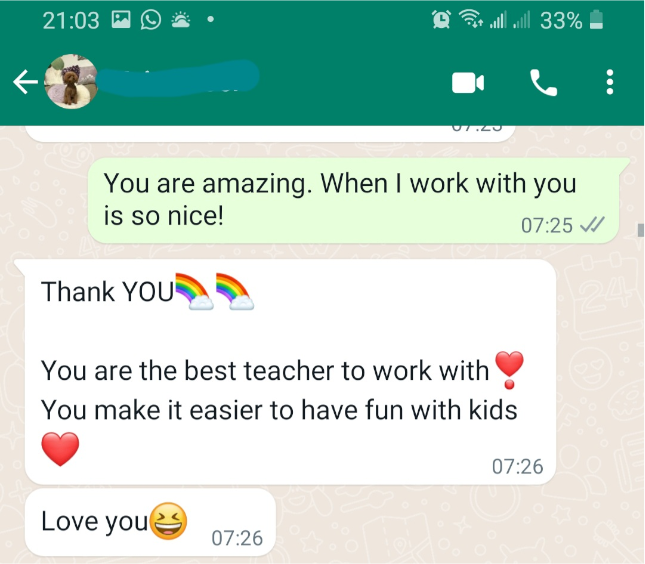 Screenshot showing praise for Malu's classes. Text contains: "You're the best teacher to work with. You make it easier to have fun with kids."